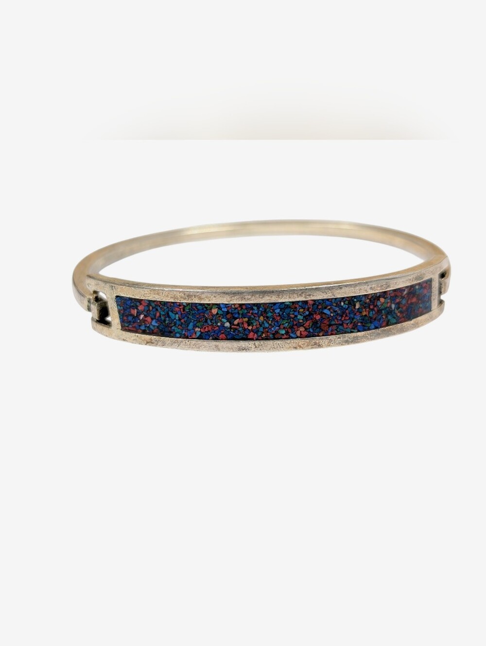 Vintage Alpaca Turquoise Chip  Inlay Confetti Multicolor Bangle Bracelet